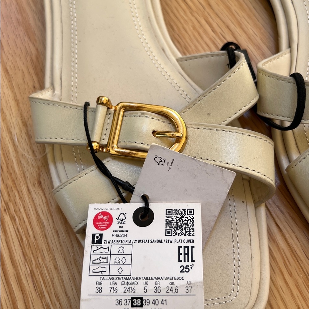 NWT! Zara Sz 38/7.5, ivory cream strappy flats with gold buckle details. - Picture 3 of 8